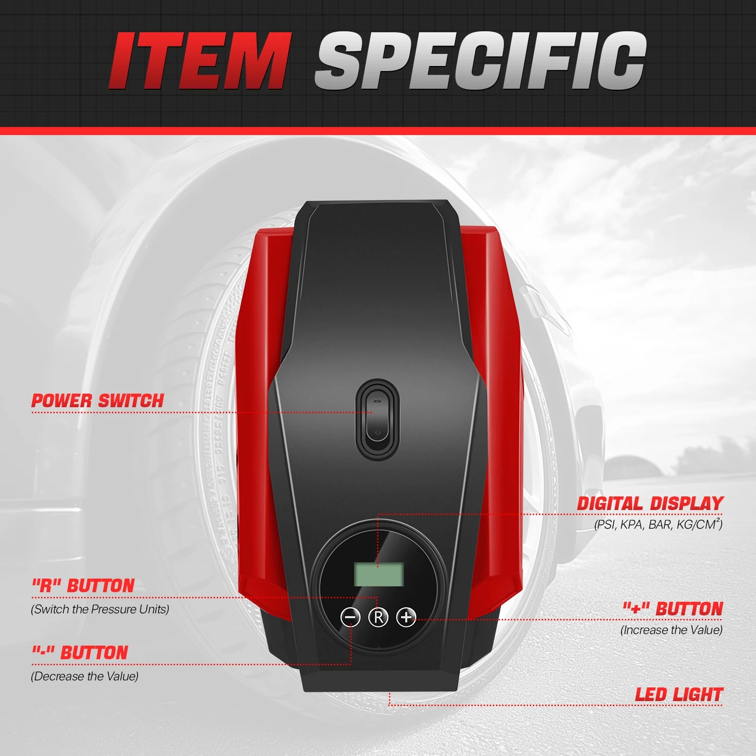 12V Digital Wireless Portable Air Pump<br>For Small Cars Tire Up To 50 PSI & 245 mm - Image 12