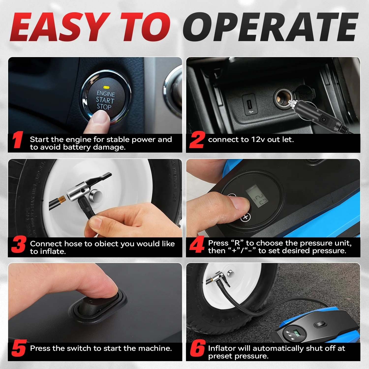 12V Digital Wireless Portable Air Pump<br>For Small Cars Tire Up To 50 PSI & 245 mm - Image 25