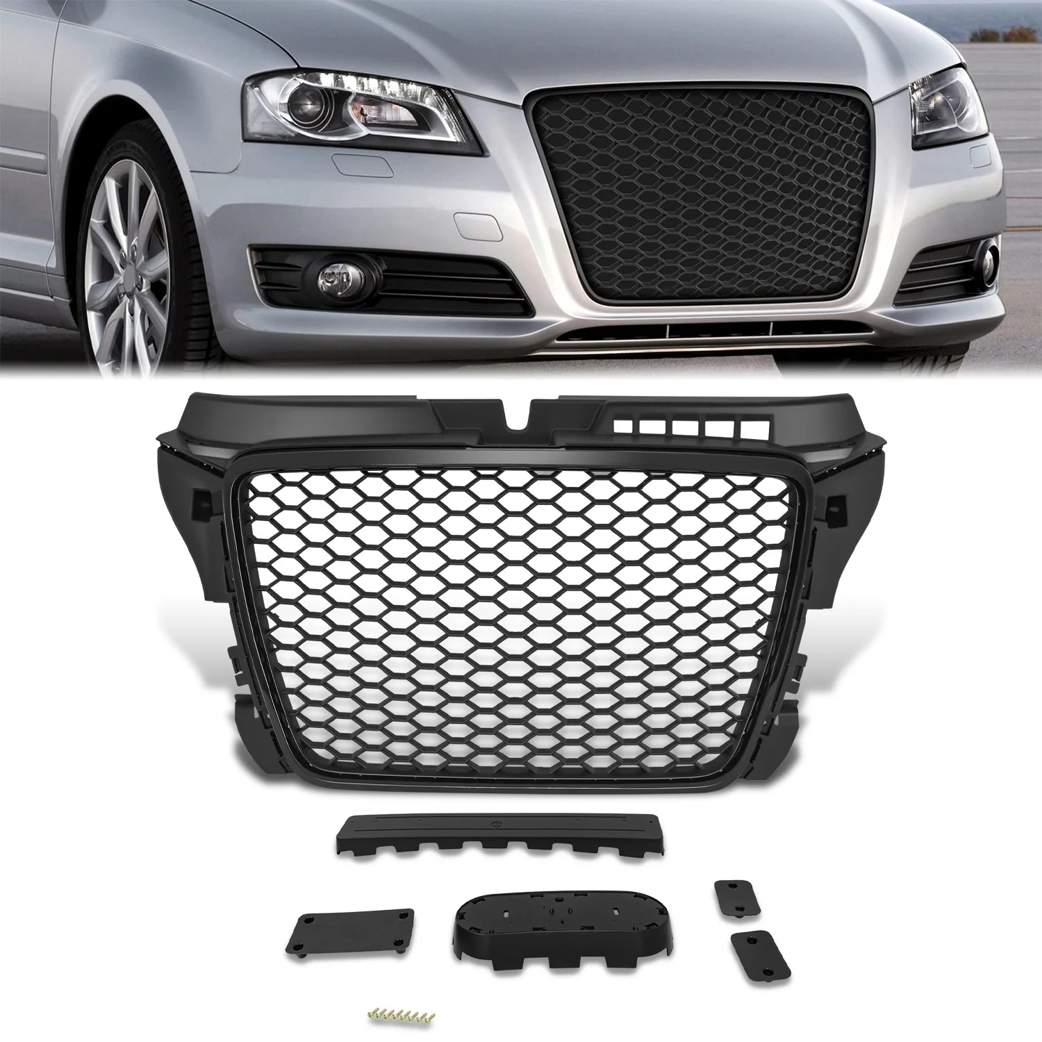 Black RS Style Front Grille w/o Parking Sensor Holes<br>09-13 Audi A3, A3 Quattro