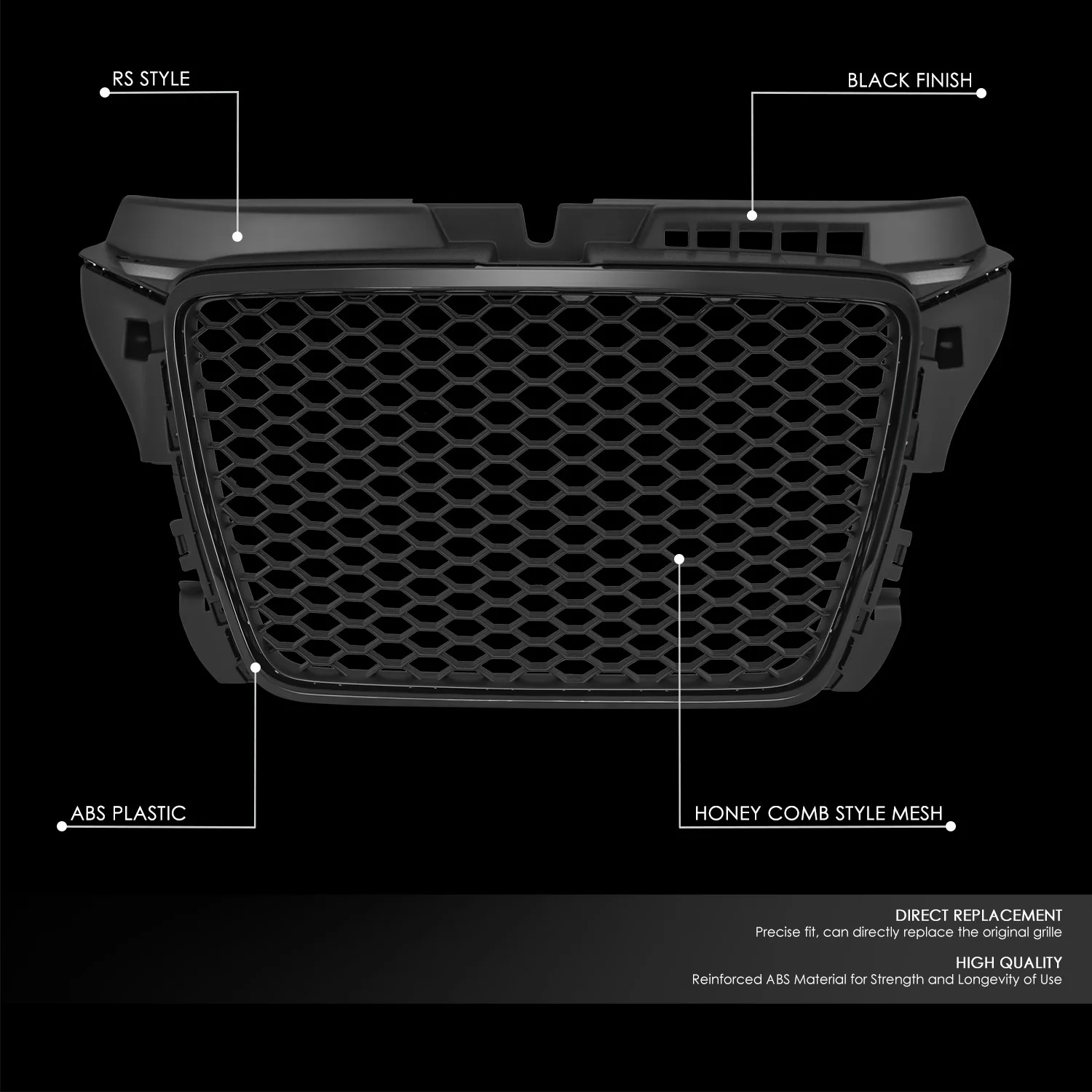 Black RS Style Front Grille w/o Parking Sensor Holes<br>09-13 Audi A3, A3 Quattro - Image 2