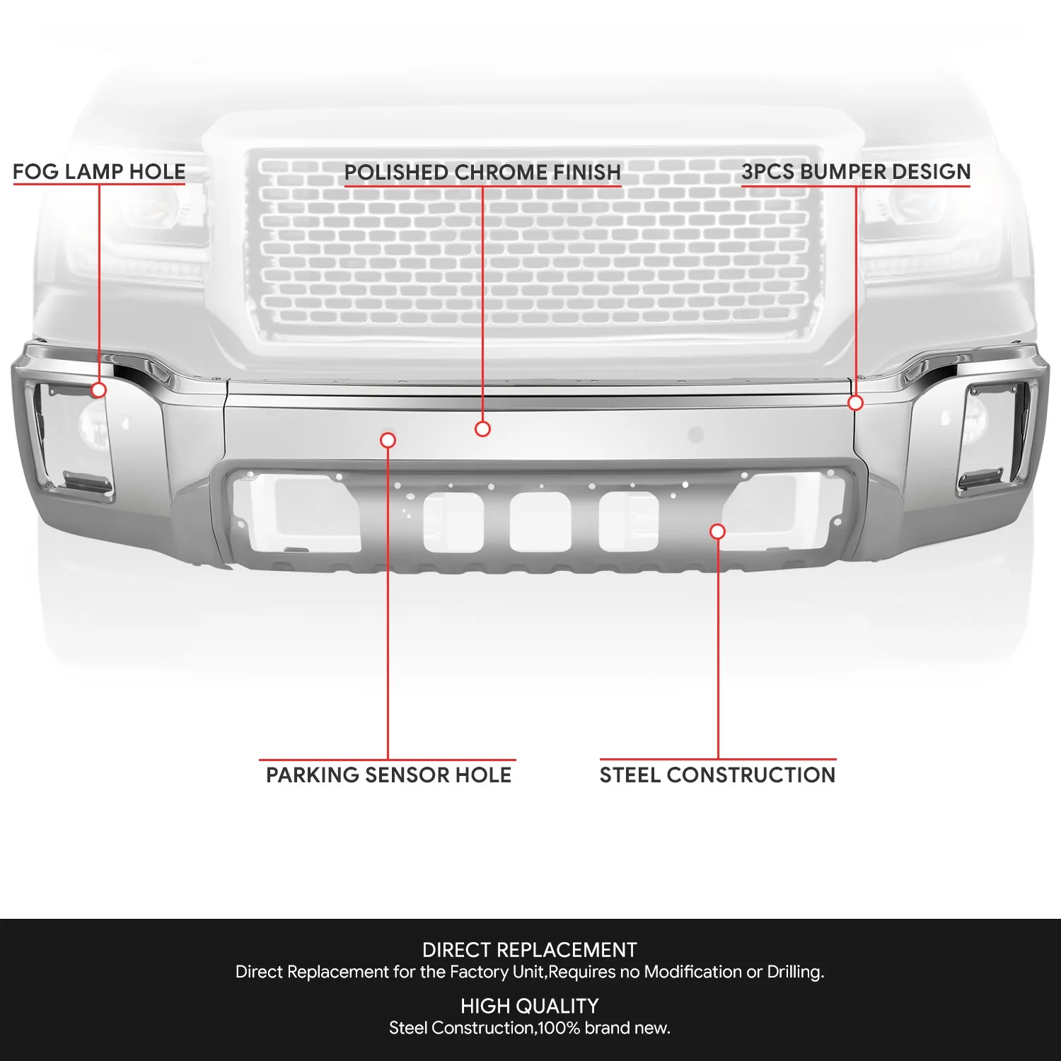 Modular Style Polished Chrome Front Bumper Face Bar<br>14-15 GMC Sierra 1500 - Image 2