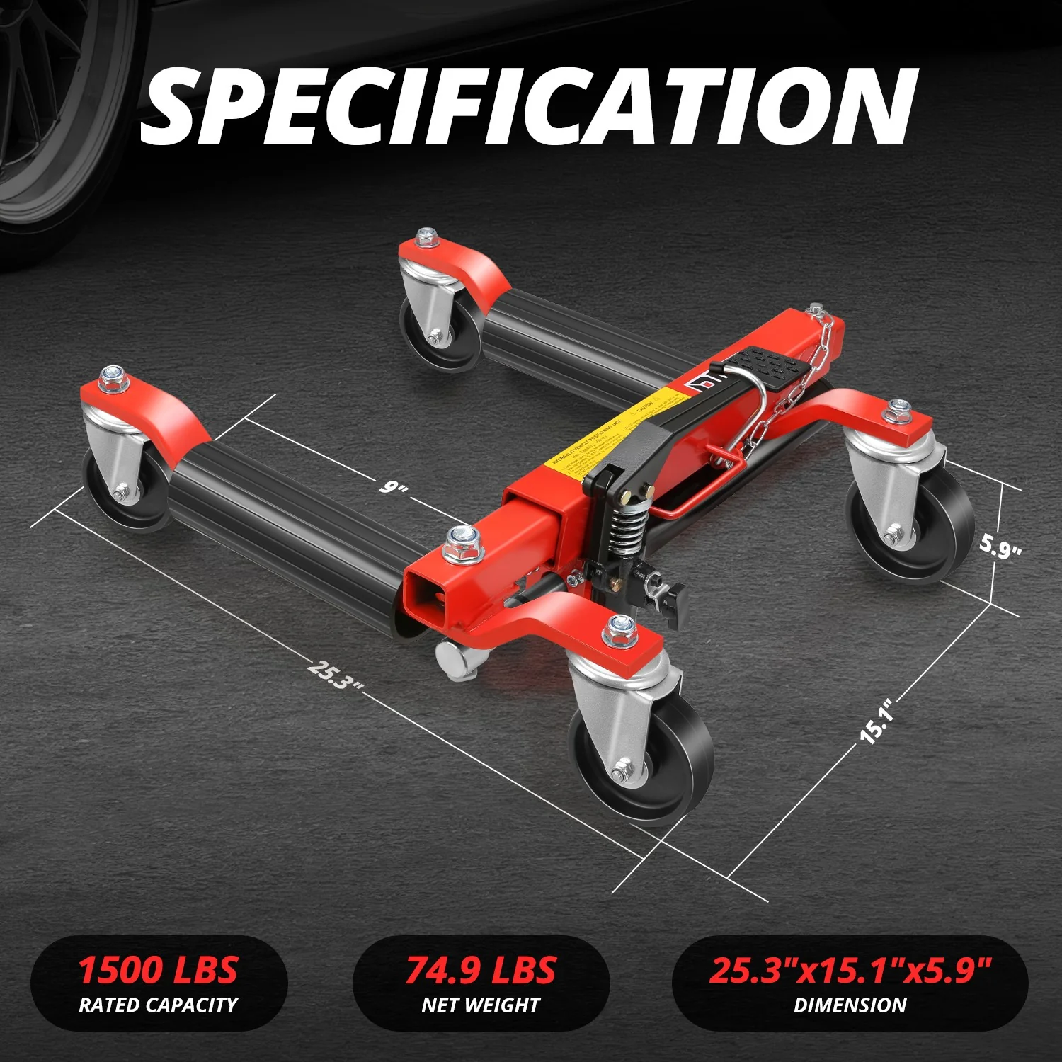 9 in. 1500lbs Hydraulic Car Wheel Dolly Jack<br>Roller Adjustable Range 10.8-23 in. - Image 4
