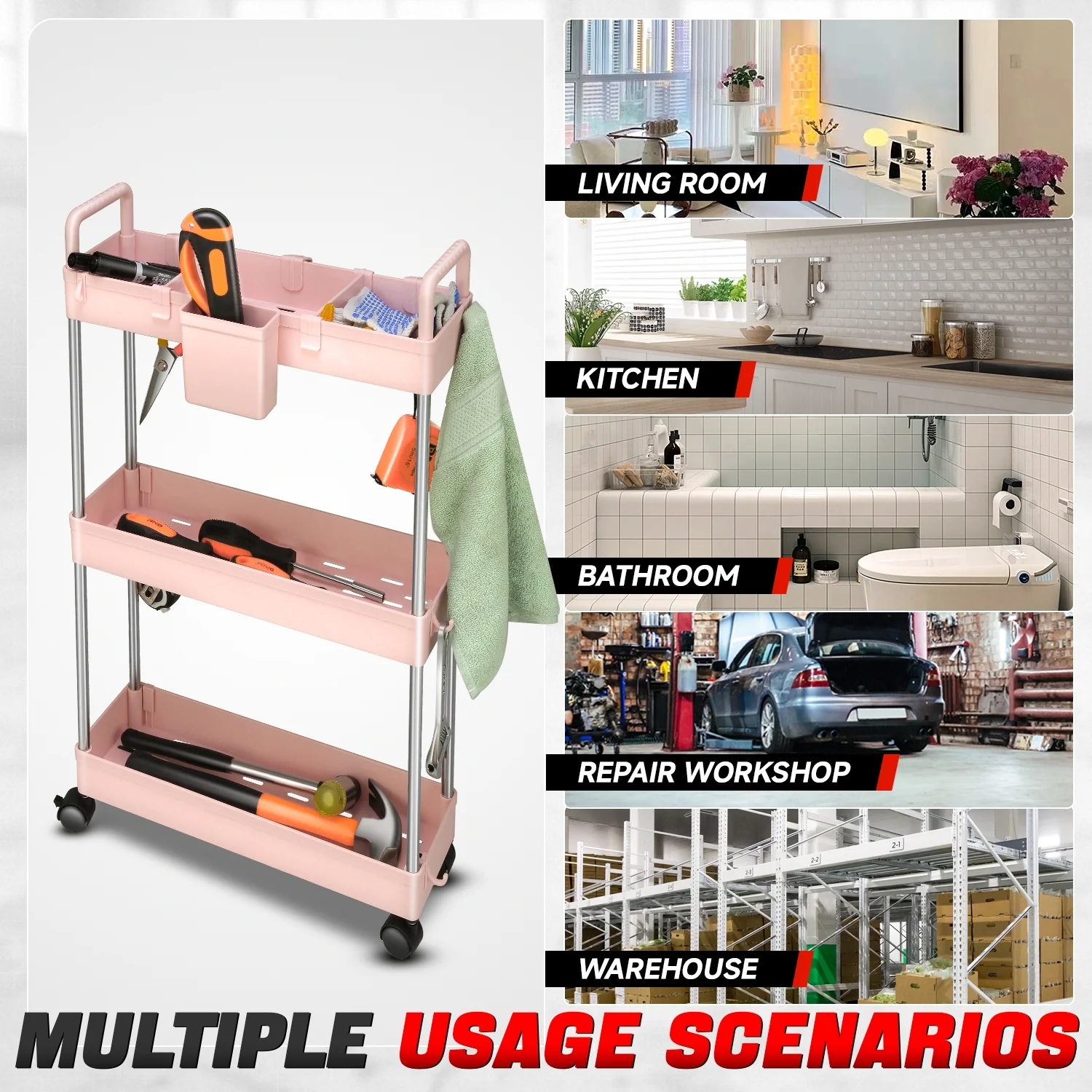 Heavy Duty 3-Shelf Slim Rolling Storage Cart<br>Plastic Shelves Diemsion 4.9 in. D x 15 in. W - Image 8