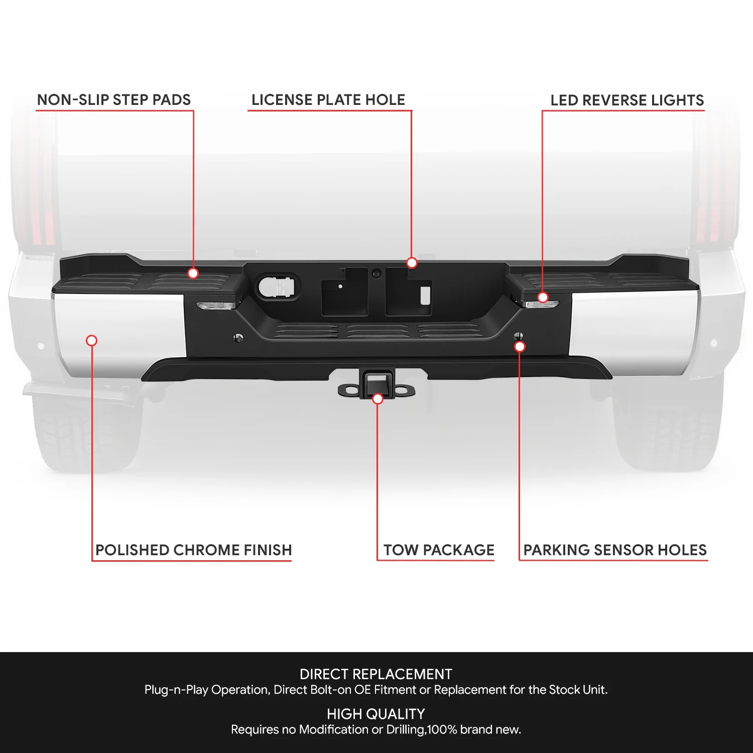 Polished Chrome Rear Bumper w/Parking Sensor Holes<br>22-26 Toyota Tundra - Image 2